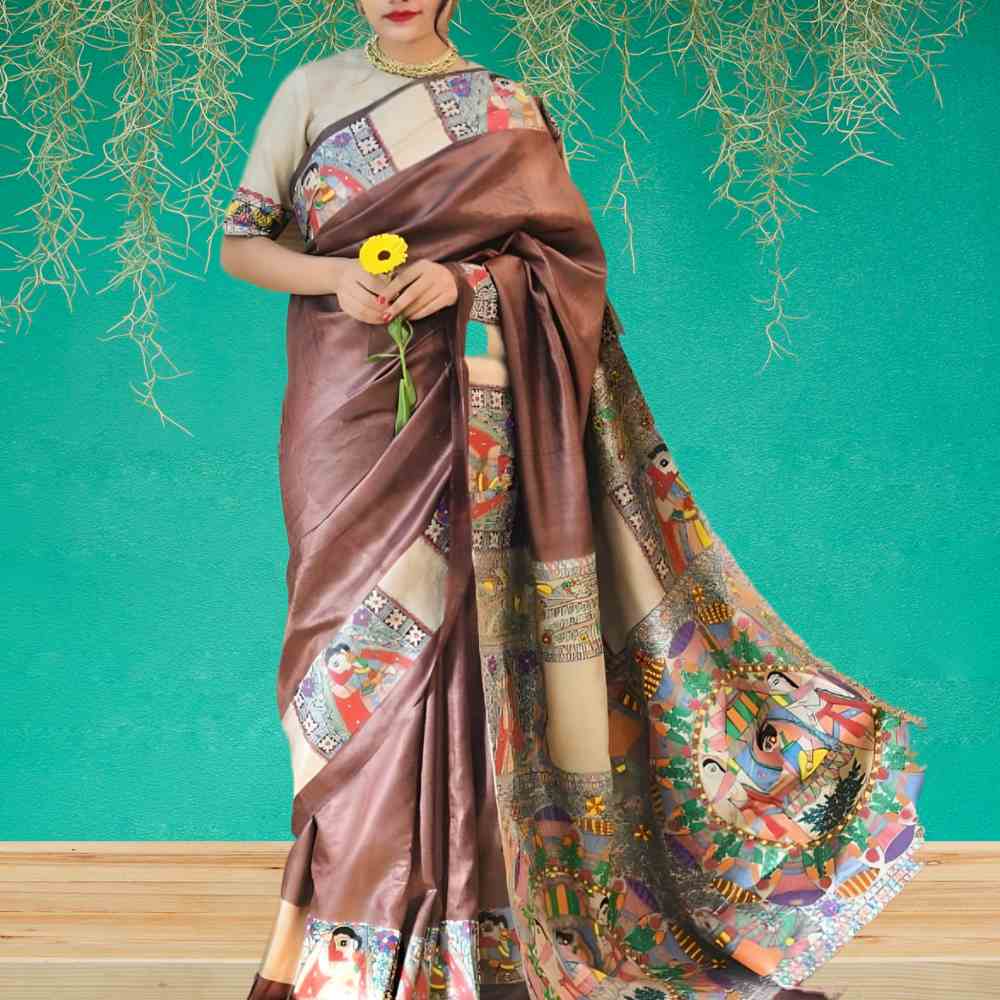 Madhubani Painting Handpainted Madhubani 'Mithila Kohbar' Brown Tussar Silk Saree